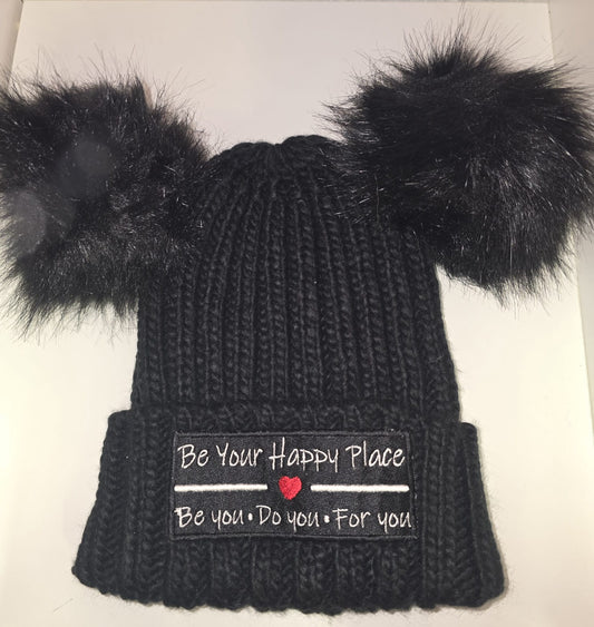 Double Pom Pom Beanie Grey Black